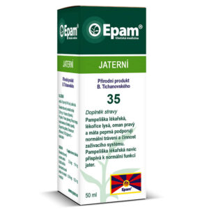 Epam 35 – Jaterní Lahvička Epam 35 Jaterní, 50 ml, bylinná směs pro podporu normální funkce jater a detoxikaci.
