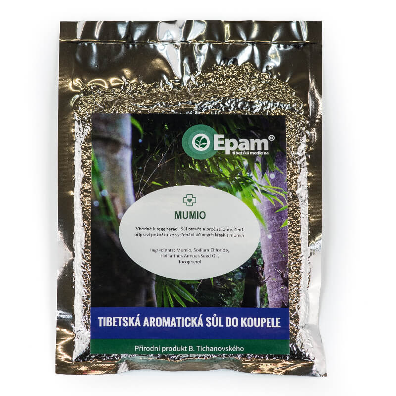 Sůl Mumio Balení soli do koupele Mumio Epam, 250 g, regenerační sůl pro hloubkové čištění pórů a přípravu pokožky.