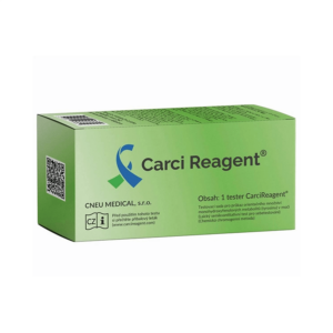 Balení domácího testu CarciReagent pro včasnou detekci onkologických markerů z moči.